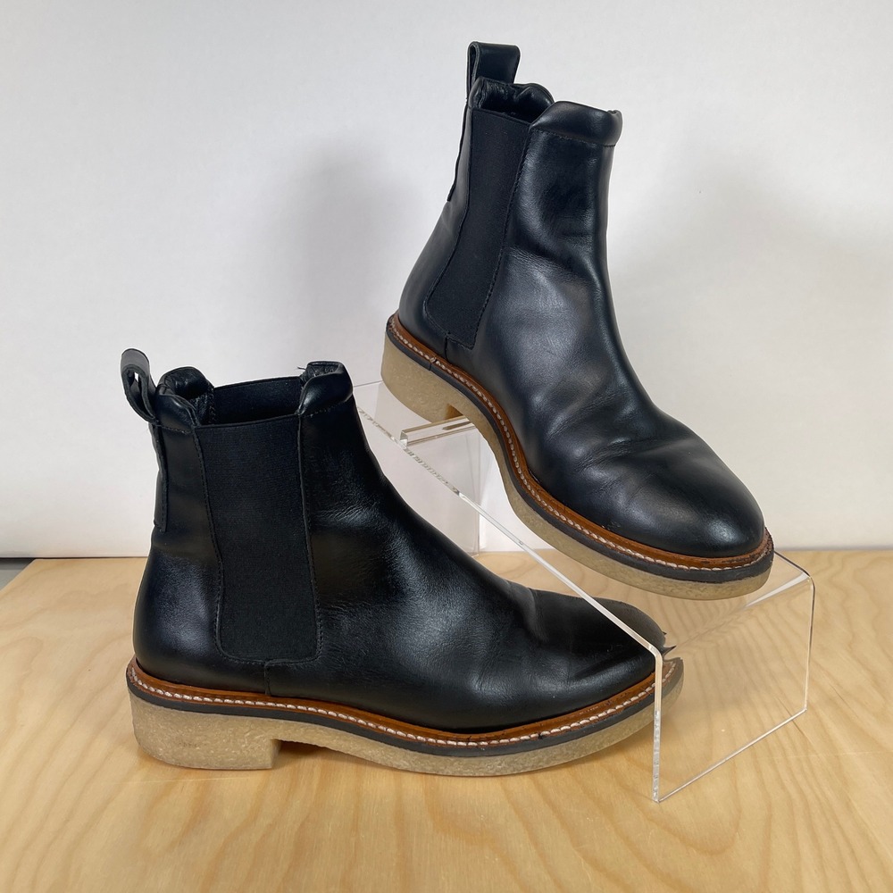 Womens Black Leather Chelsea Boots Lug Sole Ankle Booties Pull On Comfortable